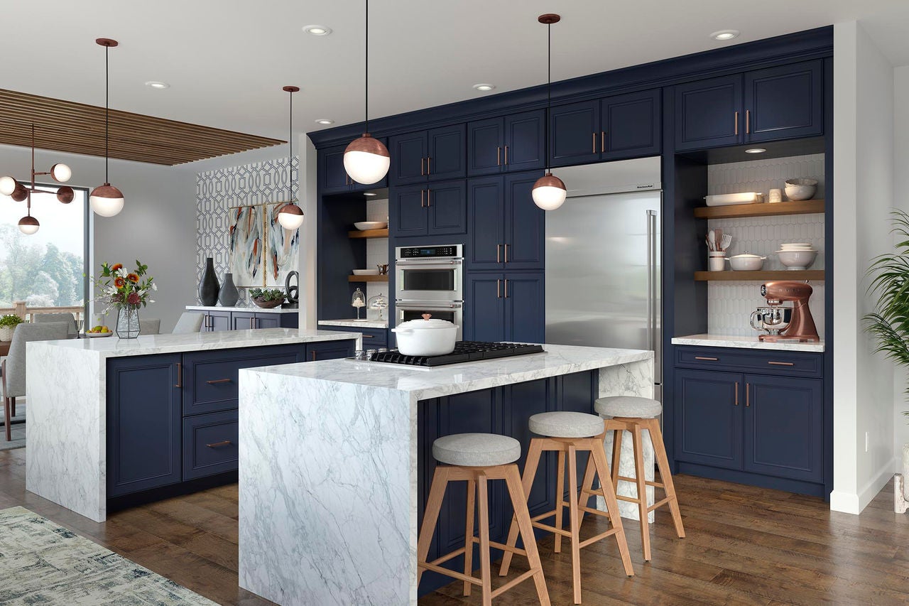 Grey and navy kitchen cabinets